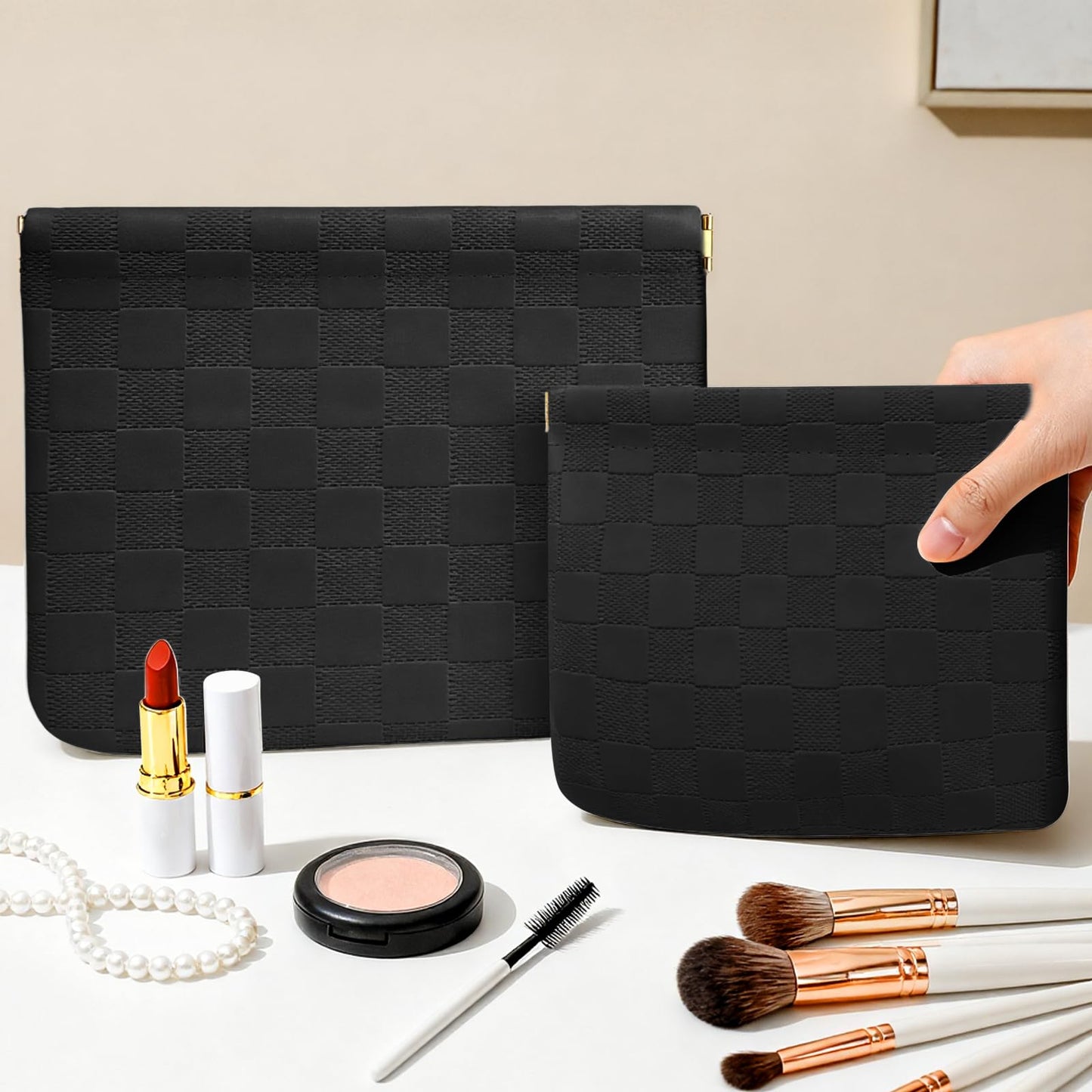 Tiltol 2 PCS Ladies Small Makeup Bag for Purse,Coin Purse Lipstick Cosmetic Accessories Organizer,Travel Pouch,Waterproof No Zipper Self-closing Small Makeup Pouch (Checkered Black)