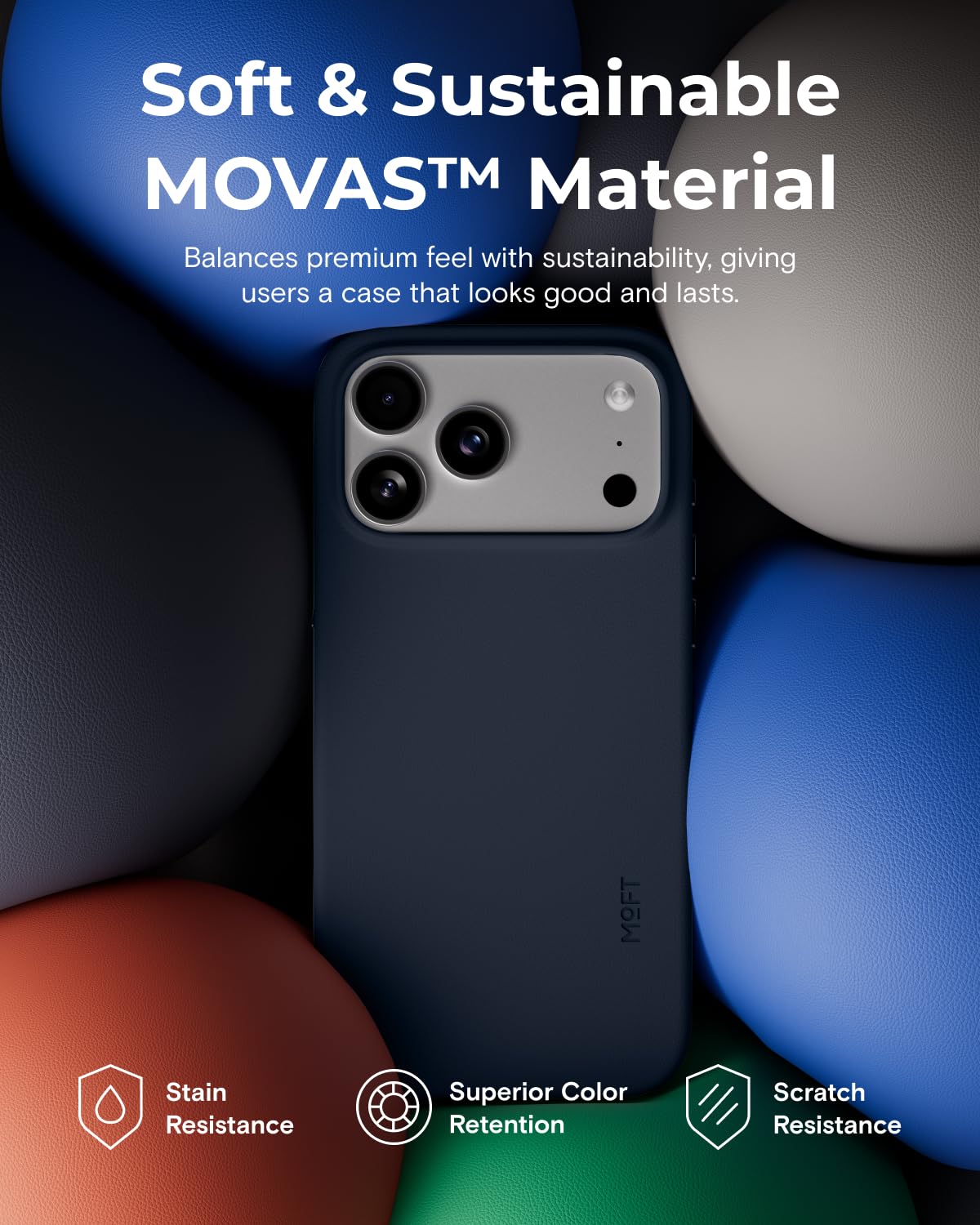 MOFT for iPhone 17 Pro Max Case- MOVAS Snap Case, MagSafe Compatible, Soft-Touch Vegan Leather, Classic Minimalist Design, Lightweight, Stain-Resistant & Camera Protection, Navy Blue