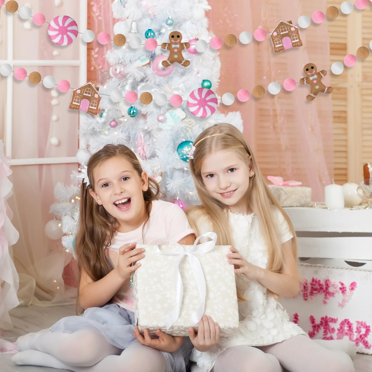 JarThenaAMCS 8.2Ft Christmas Felt Banner Cute Gingerbread Man Candy House Hanging Garland Pink Brown White Pom Ball Banner for Xmas Holiday Home Mantel Wall Decor