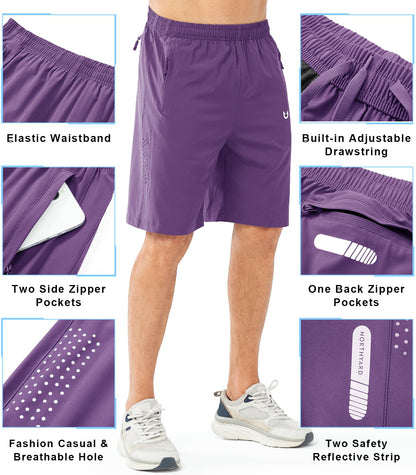 NORTHYARD Men's Athletic Running Shorts Gym Workout 7"/9"/5" Quick Dry Lightweight Sports Basketball Tennis 3 Zipper Pockets PURPLE-9inch M