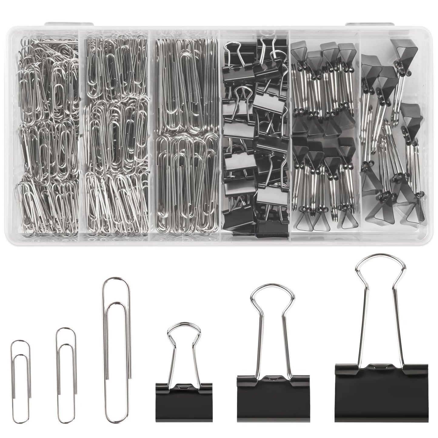 500PCS Paper Clips and Binder Clips Assorted Sizes,3 Sizes in One Pack, Large, Medium, Small,Silver PaperClips & Black Binder Clips for Home, School, Office Supplies