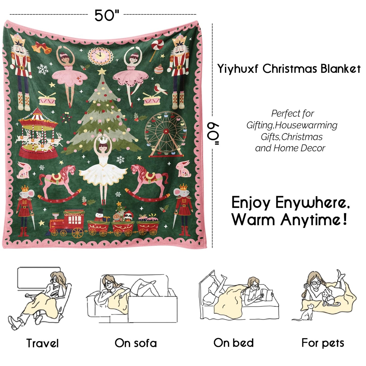 Christmas Throw Blanket for Couch 60x50,Green Winter Holiday Festival Cute Xmas Nutcracker Christmas Tree Blankets for Woman,Soft Flannel Fleece Blankets for Home Living Room Bed Chair Decor