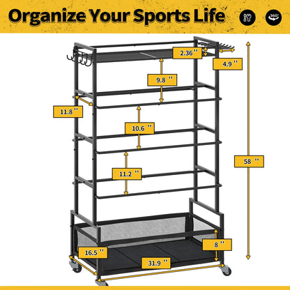 SOYEEZE Garage Sports Equipment Organizer-Large 5 Layer Ball Storage, Basketball Stand Holder, Outdoor toy storage, Baseball Bat Rack, Rolling Ball Cart with Hooks and Wheels for Indoor/Outdoor Use