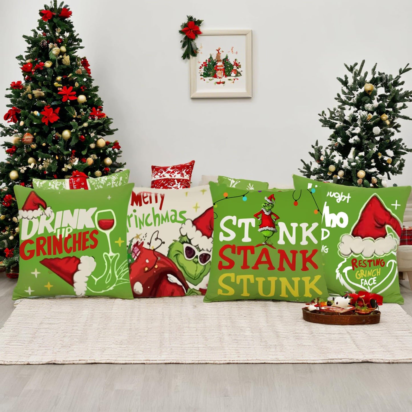 BOGGEUSS Christmas Throw Pillows Covers 18x18 Set of 4 Green Elf Pillow Covers Christmas Decorations for Home Sofa Couch Bed
