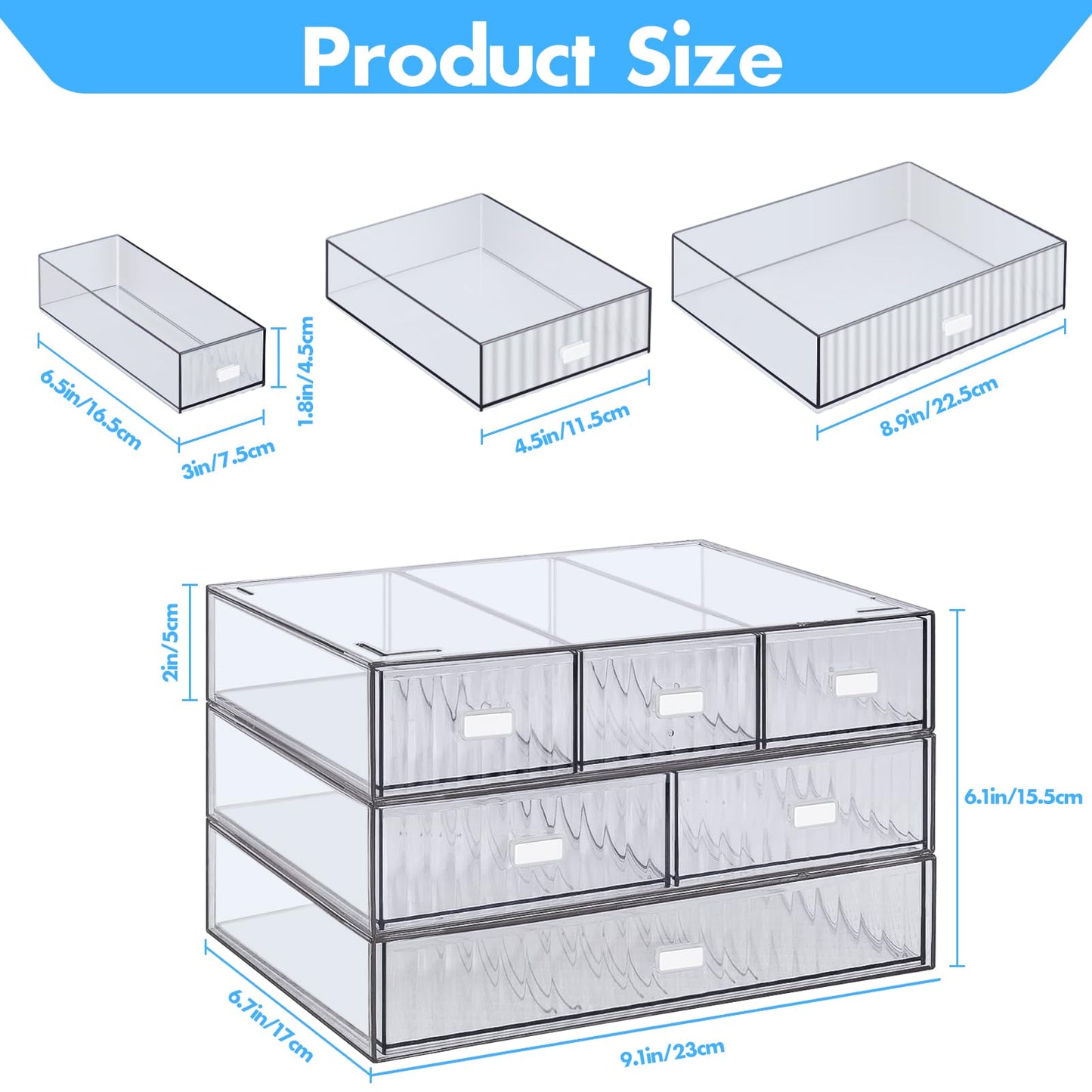3 Tier Stackable Desk Organizer with 6 Drawers, YOCOMEY Plastic Desktop Storage Box Drawers, Detachable Makeup Storage Office Stationery Supplies Organizer for Office School(Clear)