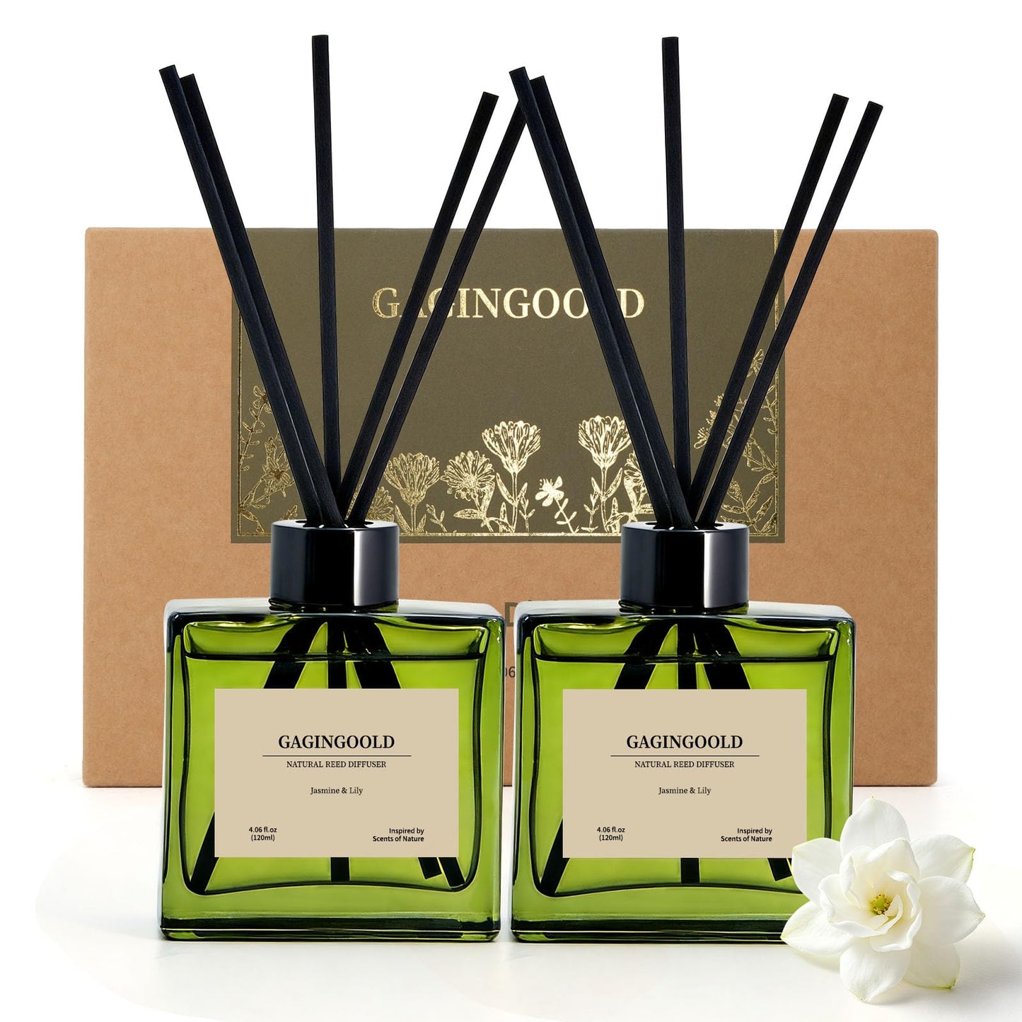 GAGINGOOLD Reed Diffuser Set, 4 fl oz Jasmine Lily 2 Pack Scent Diffuser with 20 Sticks, 180 Days Long Lasting Elegant Home Fragrance for Bathroom Bedroom Office Decor Air Fresh