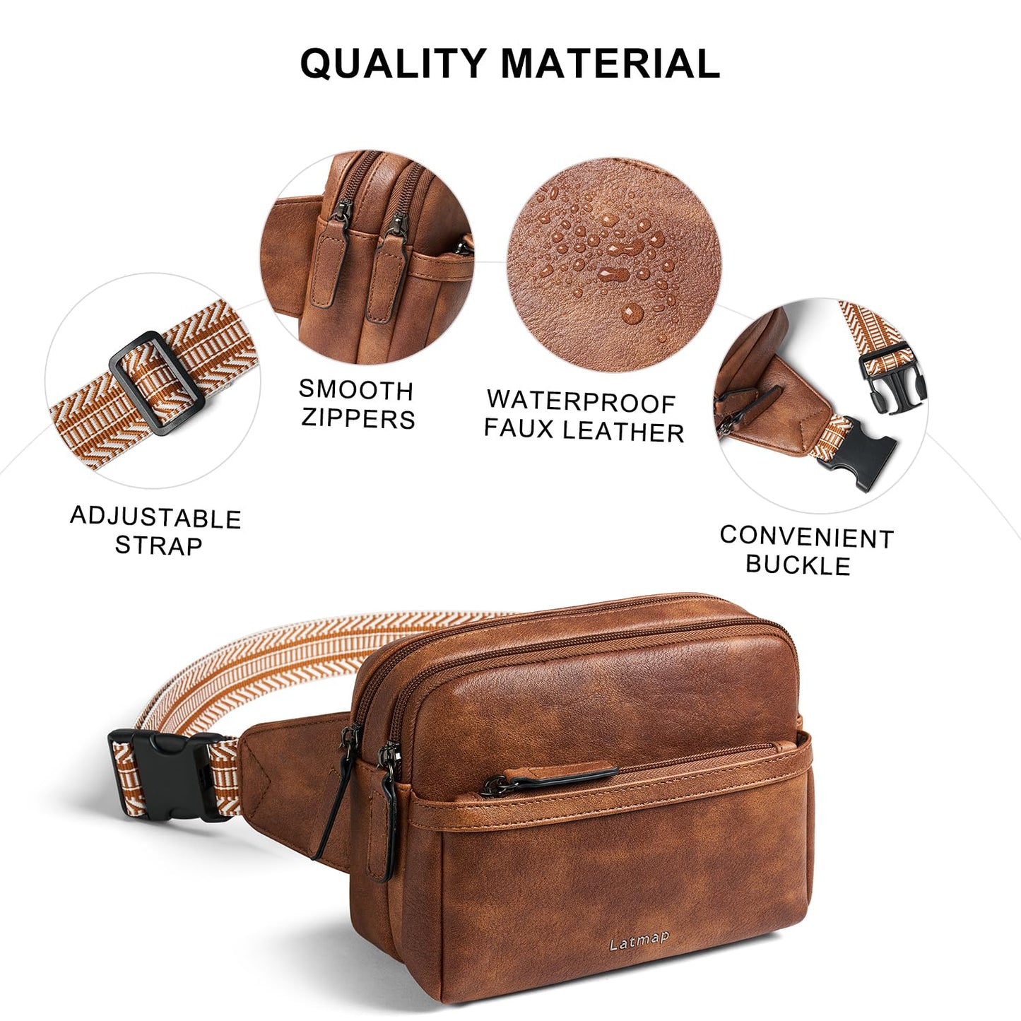 LATMAP 3L Fanny Pack Crossbody Bags for Women Men 4-Zipper Pockets Belt Bag Sling Waist Pack Faux Leather Chest Bag Purse Brown