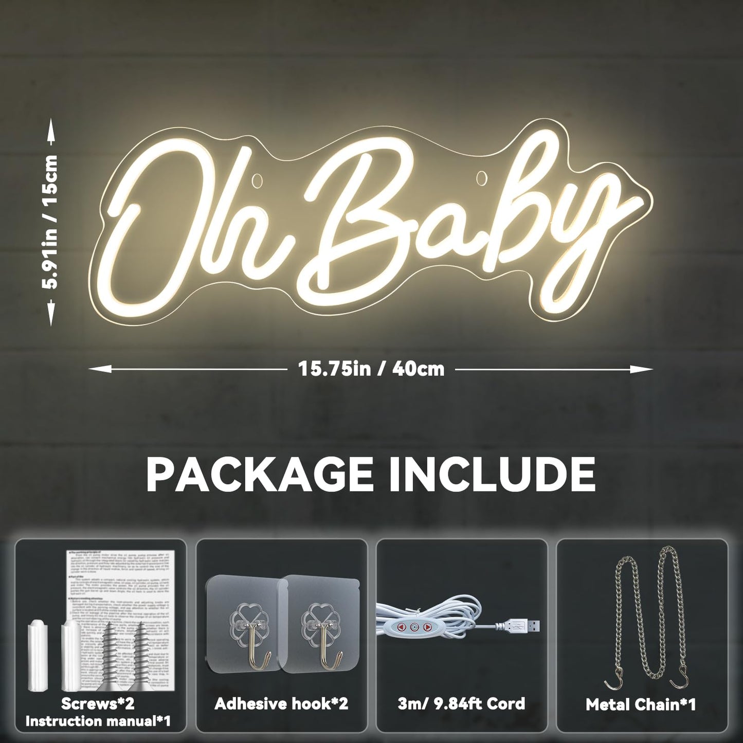 Oh Baby Neon Sign for Backdrop Wall Decor, Dimmable LED Neon Light for Backdrop Baby Shower, Birthday, Bedroom Christmas Birthday Party Warm white