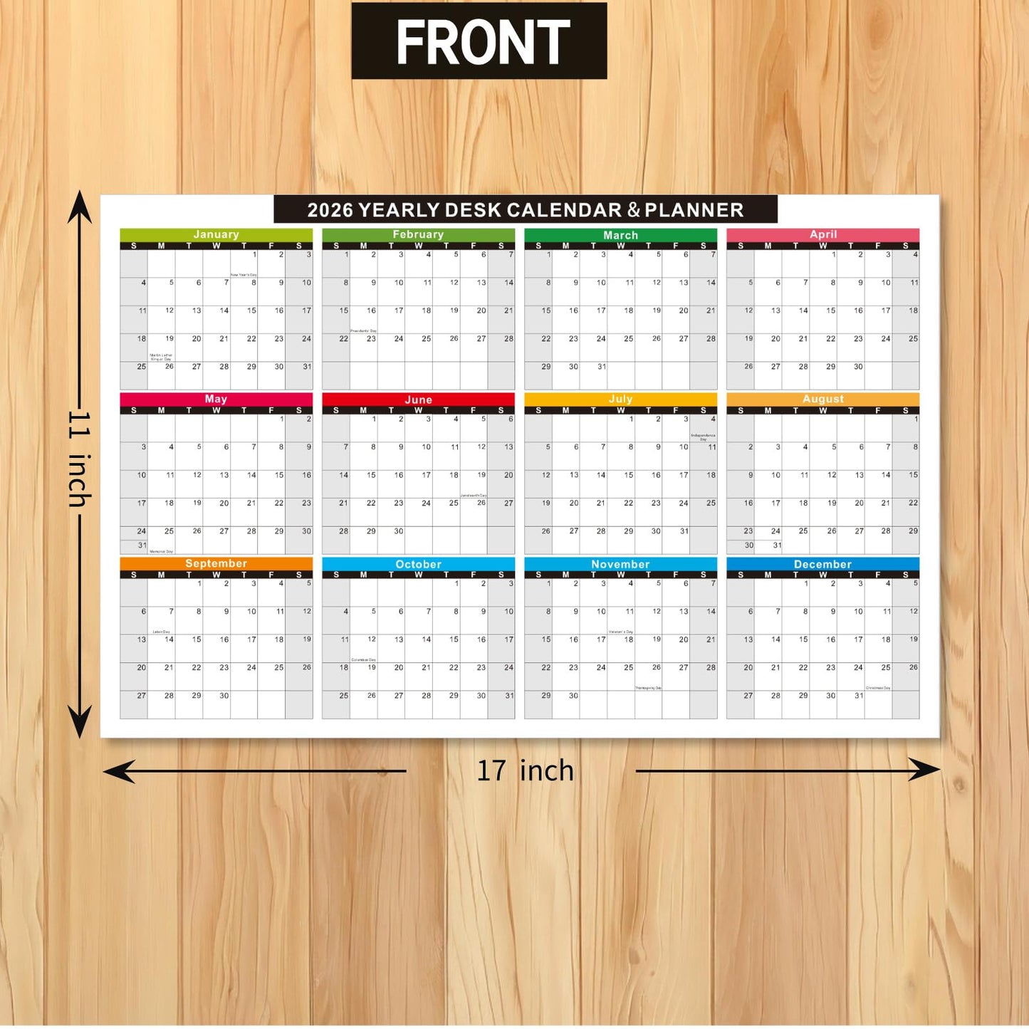 2026 Wall Desk Calendar 11x17 Inch, Reversible 2-Sided Horizontal or Vertical, 12 Month with Generous Block Space & Holidays Marked for Office, Home, School - 2 Pack (1 Laminated & 1 Cardstock)