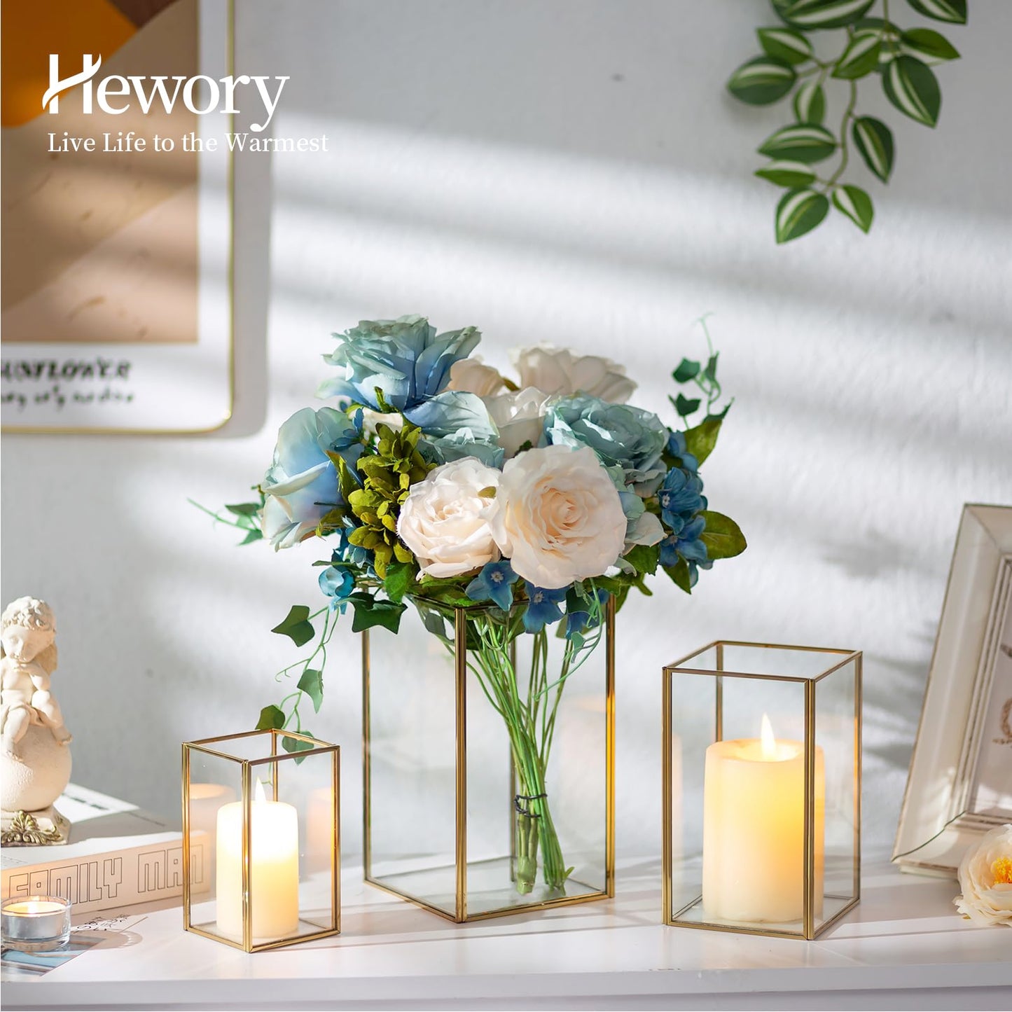 Hewory Glass Hurricane Candle Holder: Gold Hurricane Candle Holders with Metal Frame Square Set of 18, Clear Candle Holder for Table Centerpiece Wedding Christmas Engagement Birthday Party Decorations