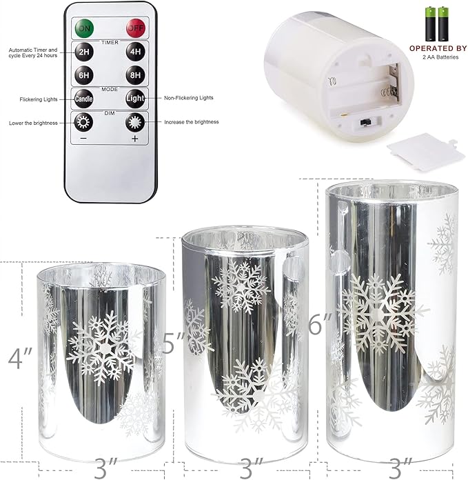 Christmas Flameless Candles Snowflake Electroplate Glass Candle Battery Candle with Timer Remote Realistic Pillar Candle for Xmas Home Decor Holiday Set of 3