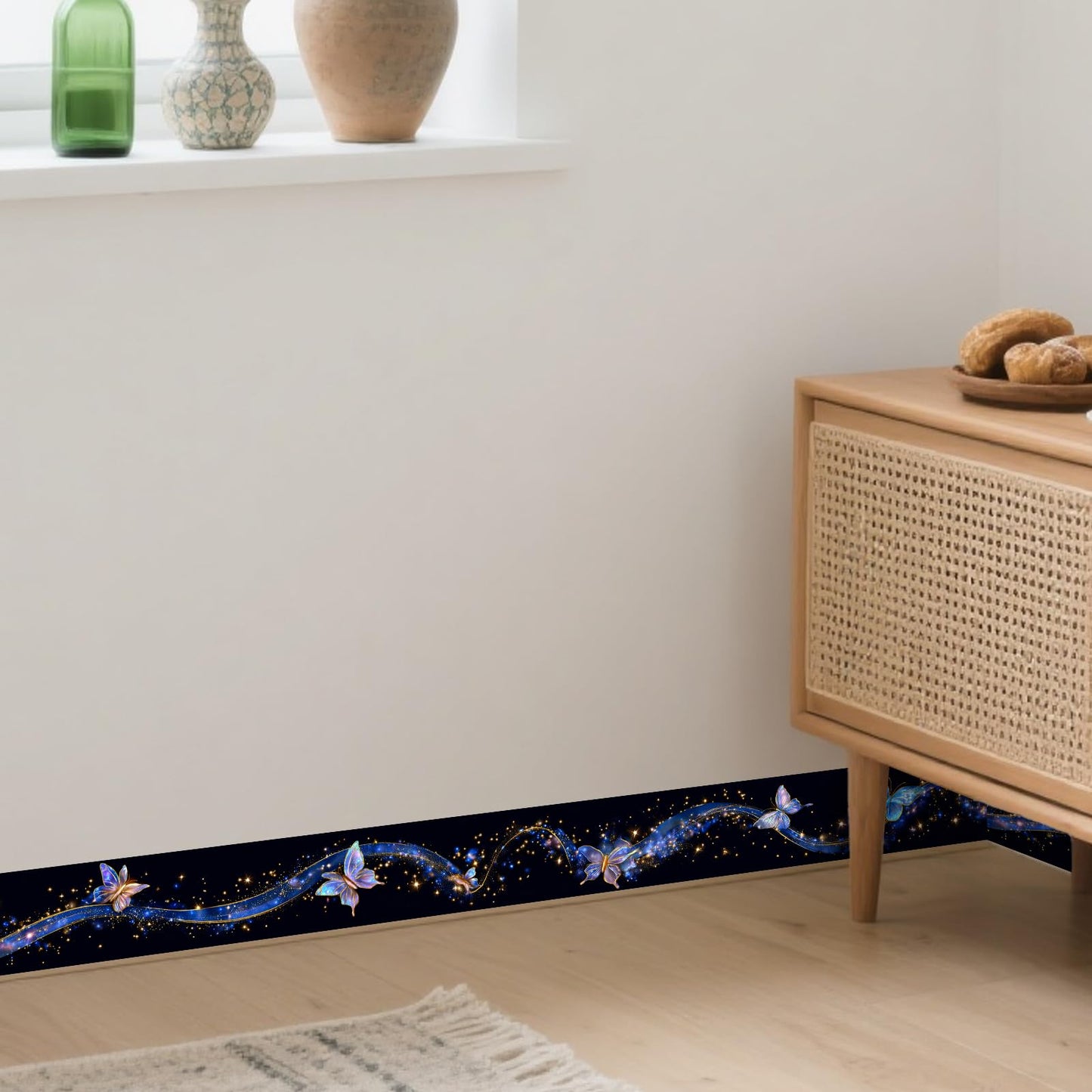 Nuxovilar Wallpaper Border Peel and Stick 3.94x16.4Ft PVC Removable Self-Adhesive Bathroom Kitchen Living Room (Starry Night Butterfly Ribbon Pattern)