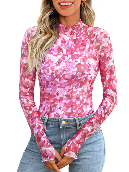 Dealmore Lace Sheer Long Sleeve Floral Mesh Mockneck Trendy Cute Going Out Tops for Women Fall Fashion Outfits 2025 Clothes