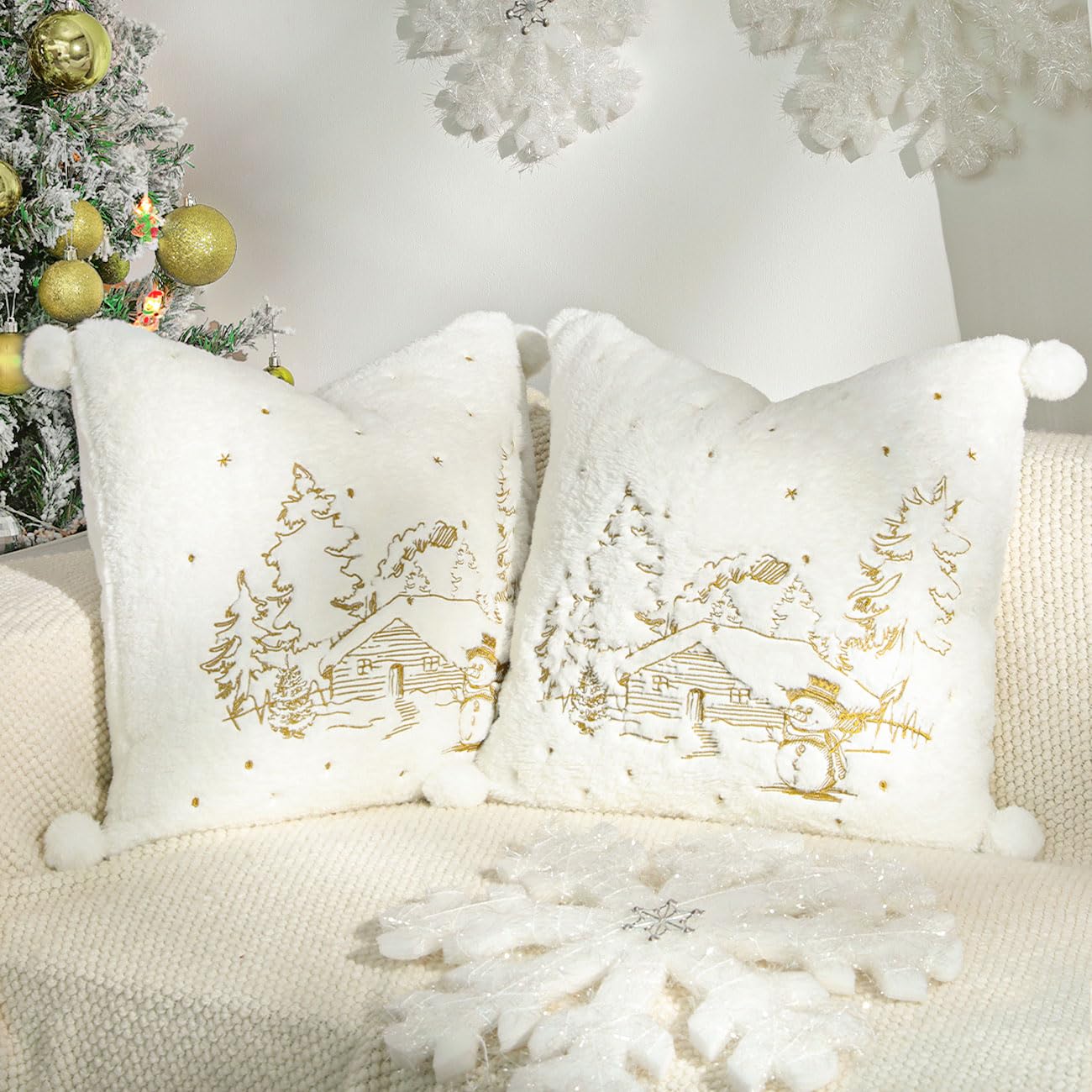 Lewondr Throw Pillow Cover, 18x18 Inch Set of 2 Soft Faux Fur Decorative Pillow Cover with Plush Ball Cute Embroidered Tree House Snowman Throw Pillow Case for Bed Home Decor Living Room, White