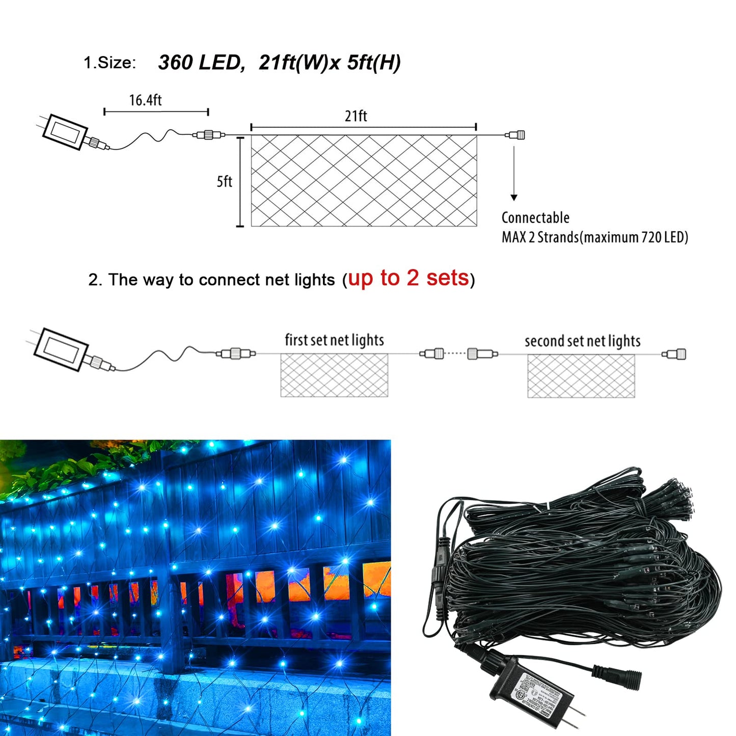 360LED Net Lights, 21ft x 5ft Connectable Christmas Mesh Lights with Timer & 8 Lighting Modes, Waterproof Outdoor Bush String Light for Halloween Xmas Tree Holiday Party Garden Hedge Patio - Blue