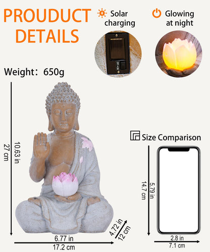 Nacome Solar Buddha Garden Statue Decor: Sitting Resin Figurine with Lotus Flower Light Zen Sculpture for Patio Lawn Yard Porch Balcony Meditation Space - 10.6 inches(White)