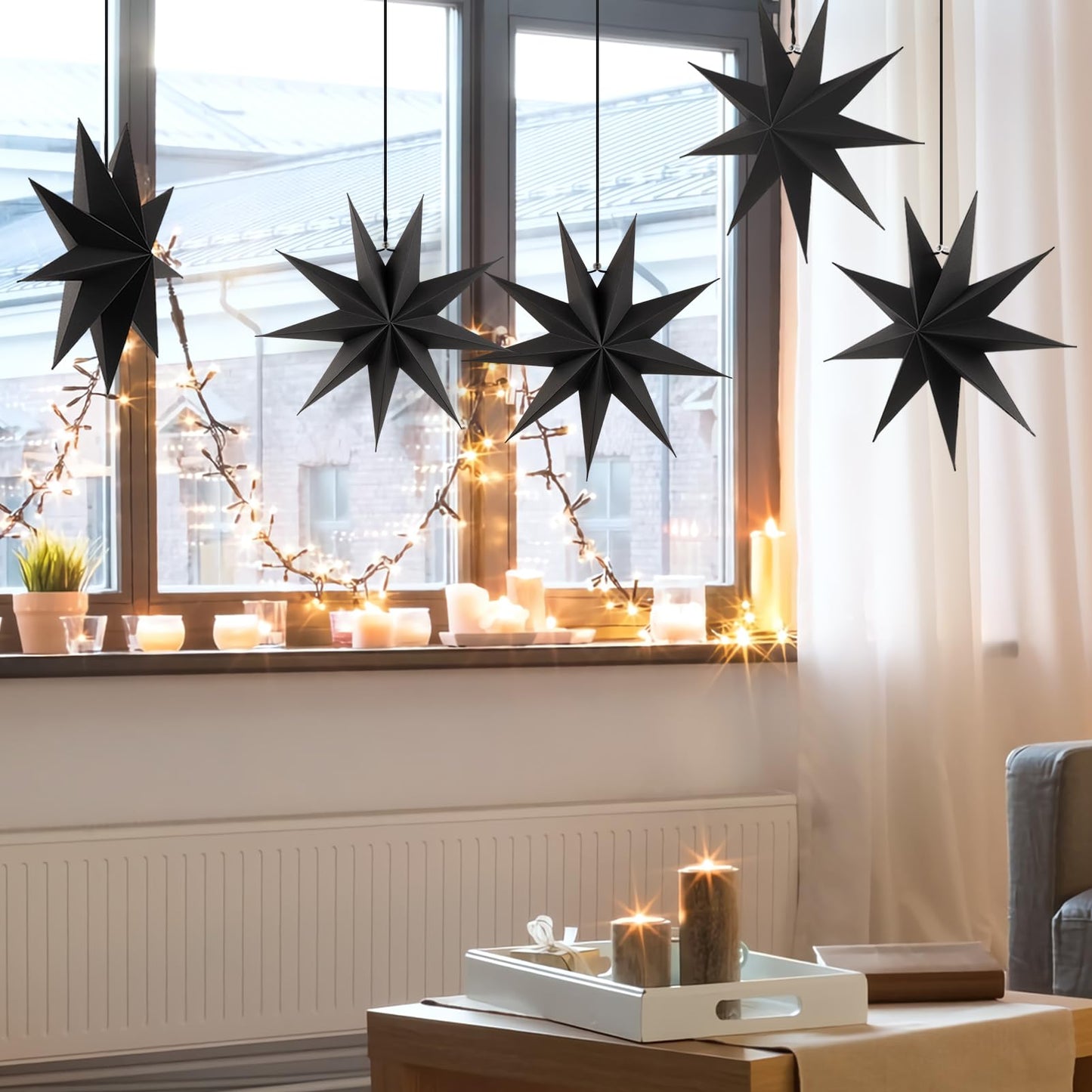 SUNBEAUTY 5 Pcs 9-Pointed Black Paper Star Lanterns 12 Inch Hanging Lamp Black Paper Funeral Decorations Christmas Birthday Home Holiday Party Decorations