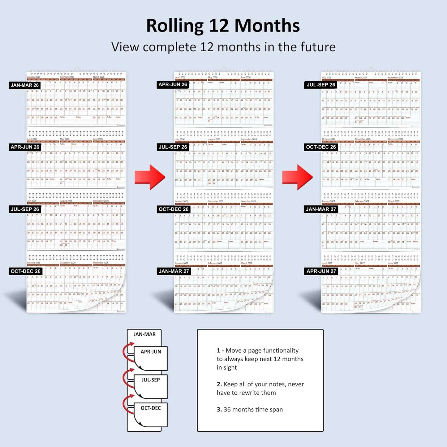 2026-2029 Yearly Wall Calendar by STRIVE ZEN, Quarterly Planner, Move a Page, Julian Date, January 2026 to December 2029, Thick Paper, Vertical, Rolling 12 months, 36" x 17", 4 Full Years, 48 Months