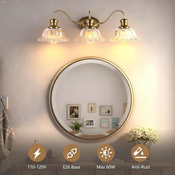 3-Lights Bathroom Vanity Light, Gold Vintage Bathroom Light Fixtures, Matte Antique Brass Finish with Crystal Glass Shade, Wall Sconces Lighting for Living Room, Bedroom, Hallway（E26 Base）