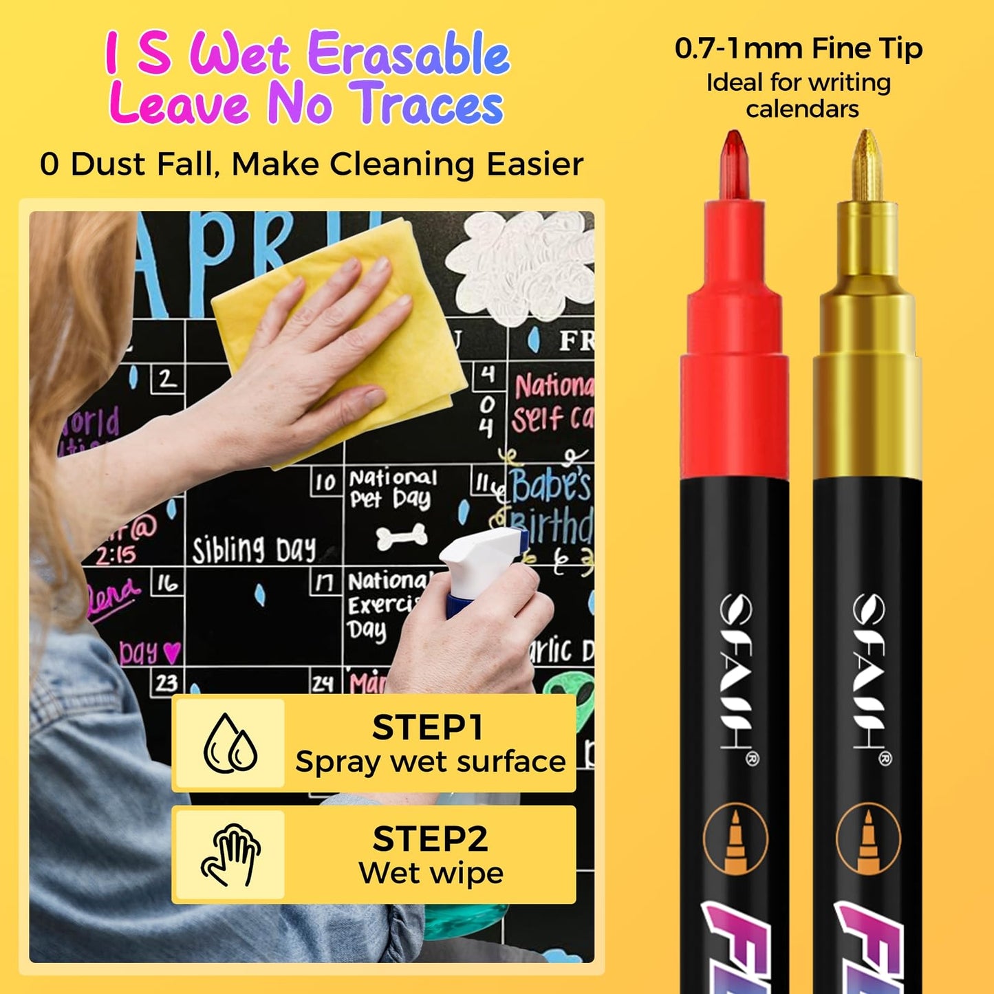SFAIH 30 Vibrant Liquid Chalk Markers for Bhalkboard, Calendar, Glass - [1s Wet Wipe] No Residue, 0.7-1mm Extra Fine Tip, Chalk Pens for Bistro, Labels [Highlighter Marker Pen for LED light board]