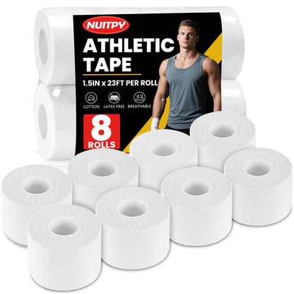 NUITPY 8 Pack Athletic Tape, White Sports Tape, Easy Tear Wrist Tape, Strong Adhesion Tapes for Boxing, Gymnastics, Hockey, Soccer, Lacrosse and First Aid(1.5in x 184ft Total)