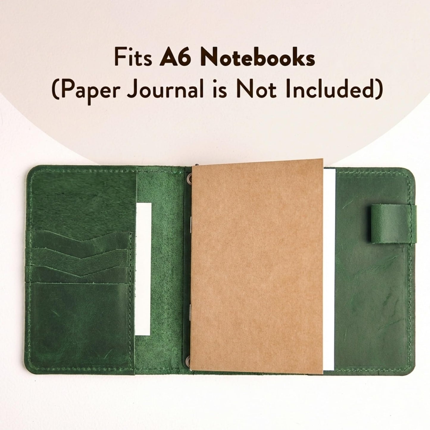 TORAKIP Travelers Leather Notebook Cover A6 – Refillable Leather Journal Cover with 5 Elastic Bands, Pen Holder & Pockets, Fits 4.1" x 5.8" Notebooks (Inserts Not Included), Green