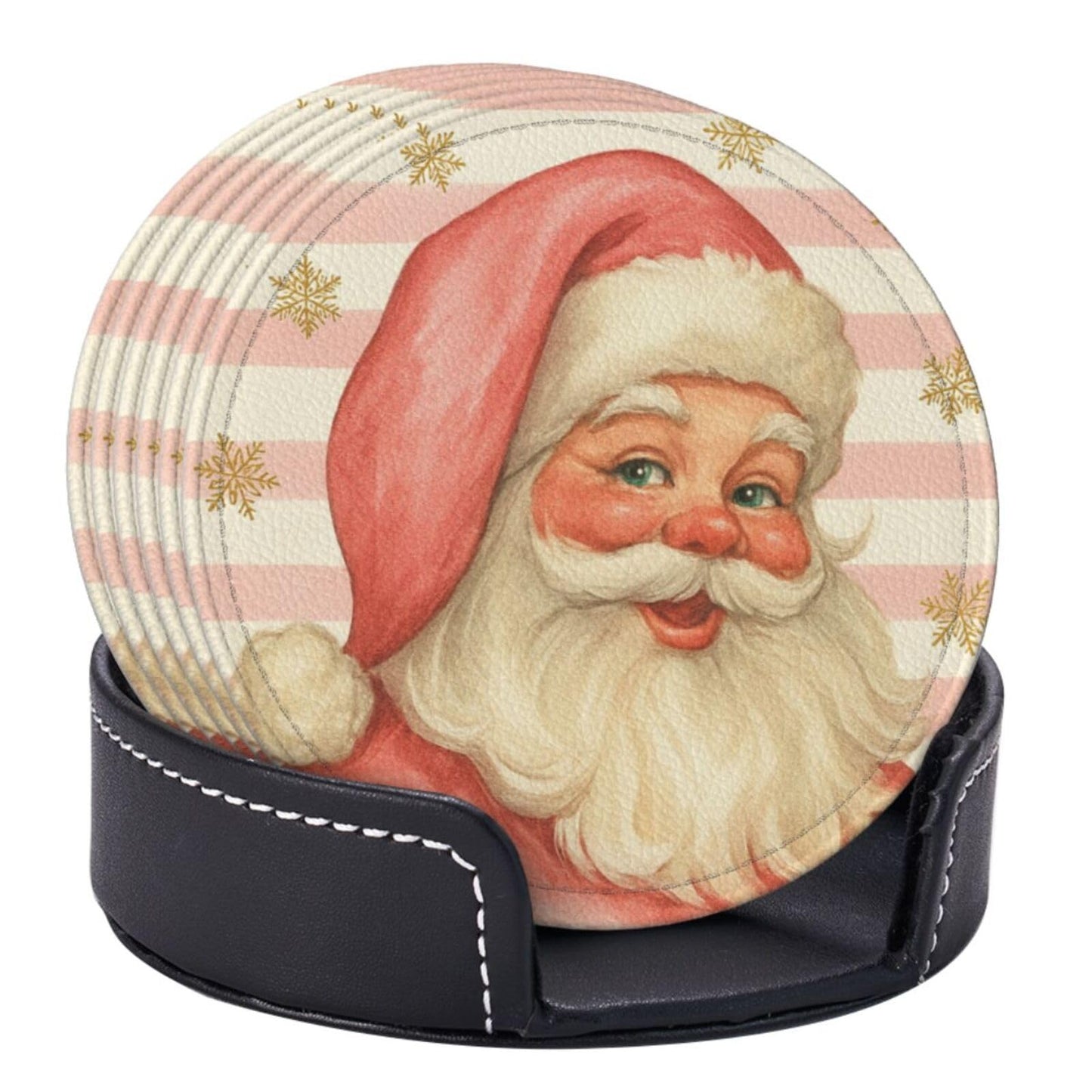 Pink Christmas Santa Claus Striped Coasters for Drinks, Drink Coaster with Holder Set of 6 Round Leather Cup Table Mats for Tabletop Protection Coffee Bar Decor