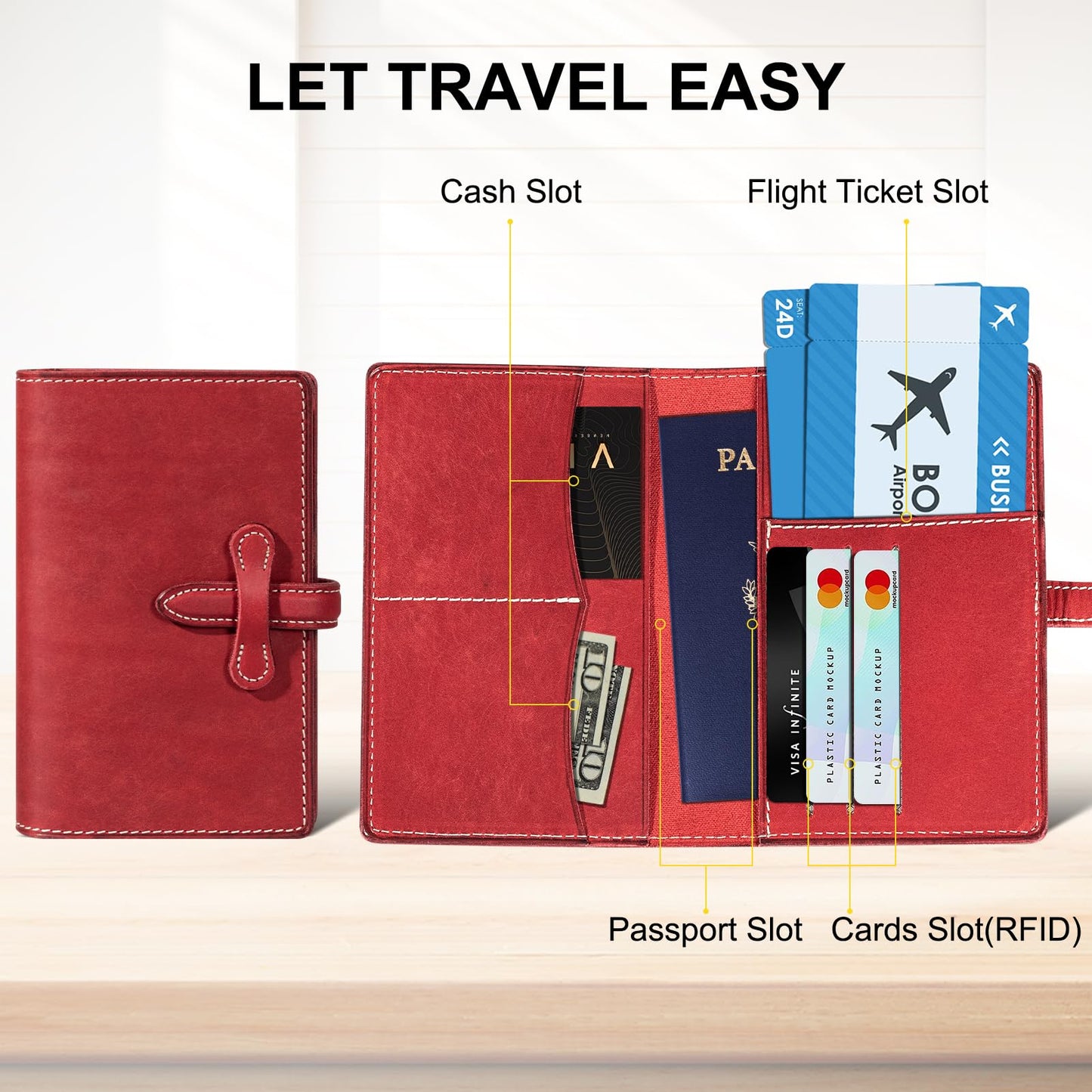 une diffe Leather Passport Holder for Travel Women Men, RFID Blocking Card Slot, Top-Grain leather with Magic Buckle, Boarding Pass Pocket,Retro Passport Wallet,Red