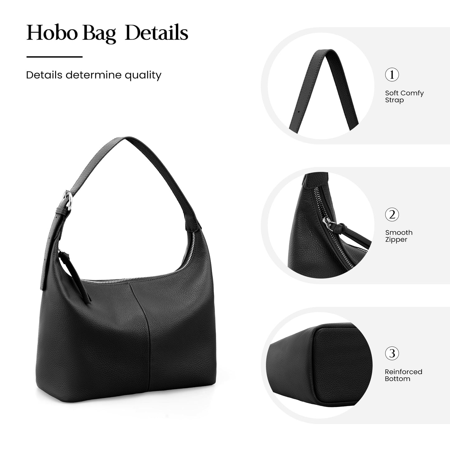 befen Genuine Leather Slouchy Hobo Purses for Women, Ultra Lightweight Shoulder Purse, Real Top Grain Leather Handbags Women's Black Shoulder Bag Satchel for Shopping, Travel Casual