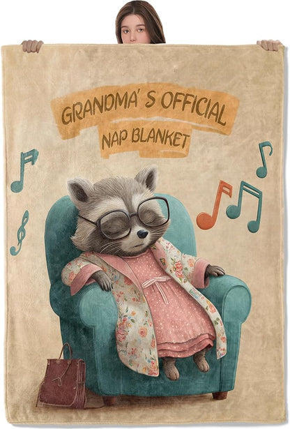 Cute Raccoon Lightweight Throw Blanket, Retro Cartoon Nap Animal with Music Note, Warm Soft Cozy Flannel Blankets, Couch Dorm Home Decor All Season Use, 50x40in, Beige, Gifts for Grandma
