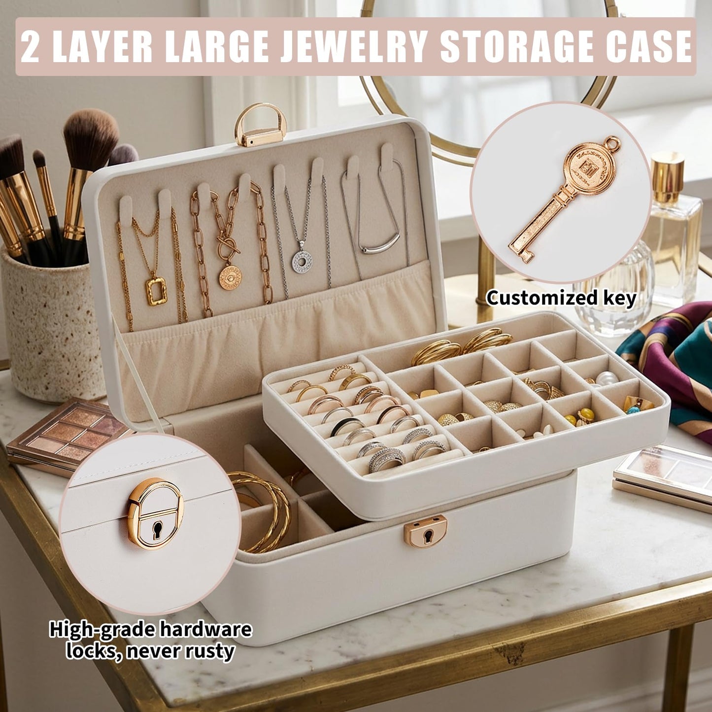 GarveeHome 1PC 2-Layer Jewelry Box Organizer, PU Leather Lockable Jewelry Storage Case for Women Girls, White/Champagne, Portable Display Box for Rings, Necklaces, Earrings