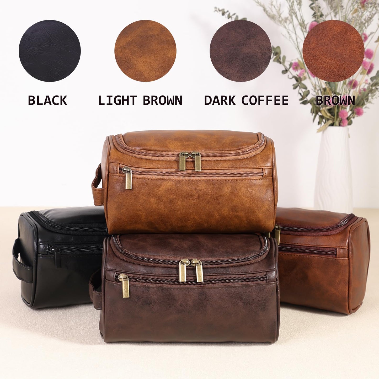 Seozata Toiletry Bag for Men, Hanging Travel Shaving Dopp Kit for Men and Women, Water-resistant Toiletries Organizer Bags, PU Leather Cosmetic Bags for Makeup Accessories (Light Brown)