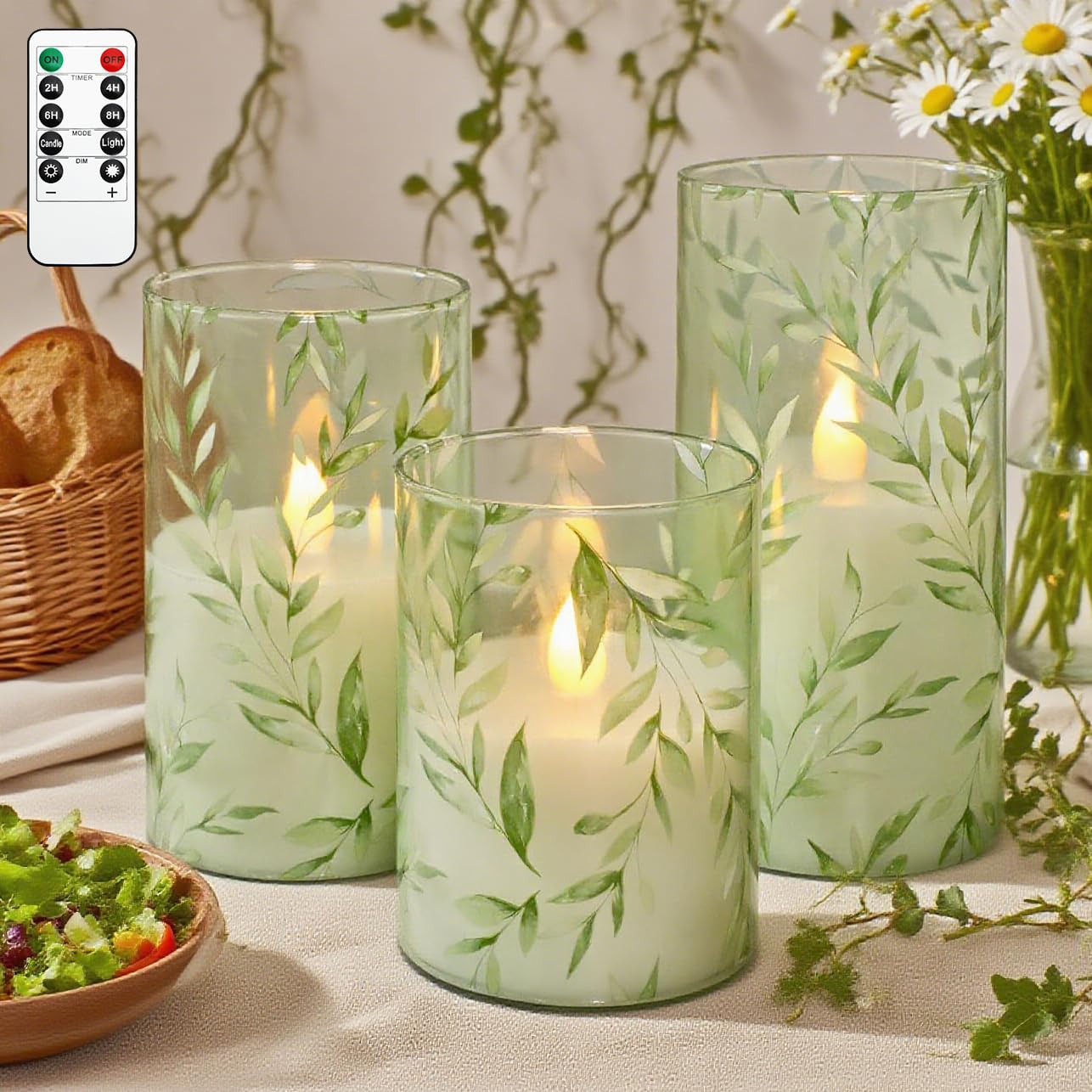 GORGE MOMENT Green Flameless Candles with Remote Willow Leaf Design Battery Operated Candles - Elegant Home Christmas Summer Decor Set of 3