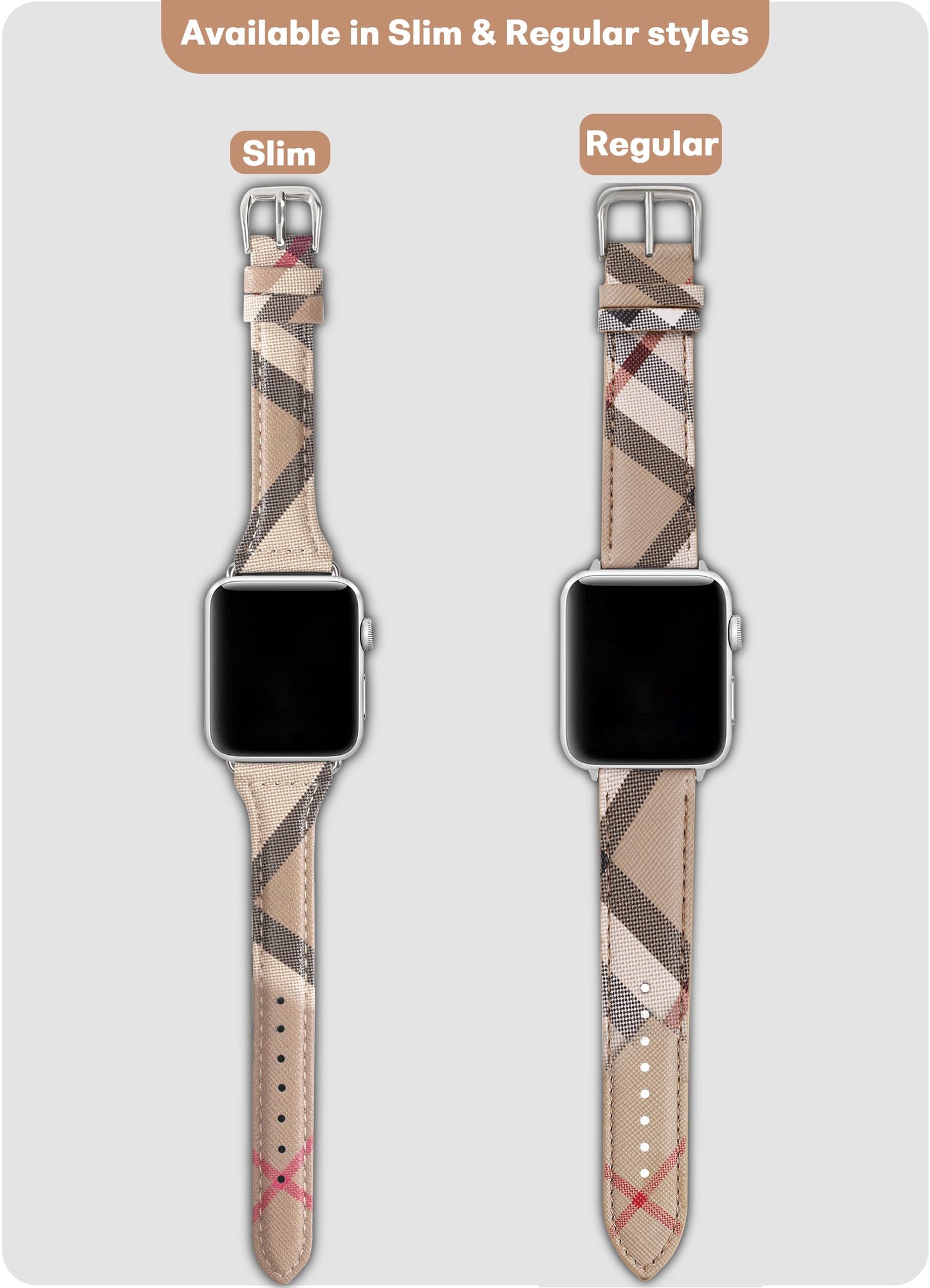 Designer Watch Band for Women Compatible with Apple Watch Bands 45mm 44mm 42mm, Luxury Leather Classic Beige Plaid Watch Band Compatible for iWatch Series 10/9/8/7/6/5/4/3/2/1/SE