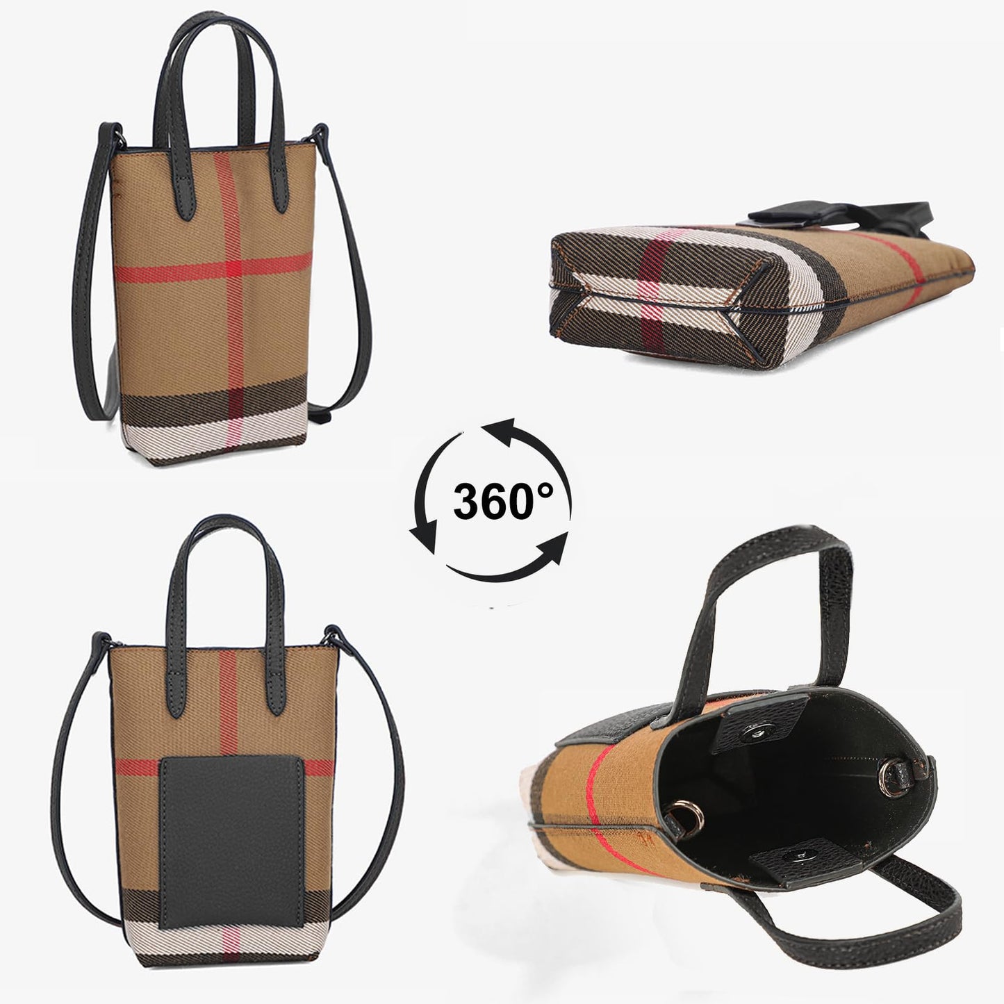 GRUMOTA Mini Plaid Canvas Handbag for Women Small PU Leather Top Handle Bucket Hand Bag,Classic Khaki Crossbody Wallet Purse(Checked Black)