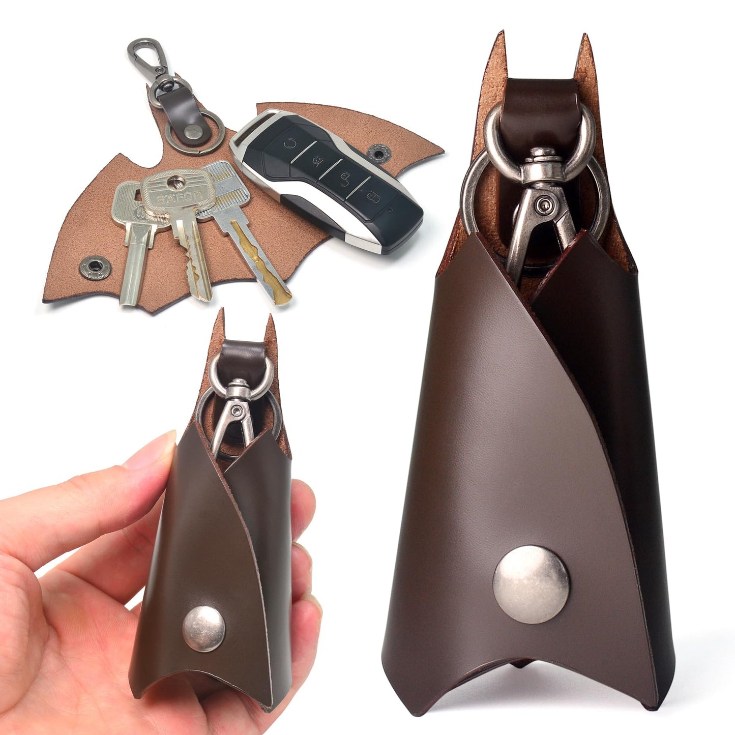 CAILLU KeyChain Leather Bat Shape for men gifts and women Car key fob case,Leather fashion pop keys ring cover holder (Dark brown Bat)