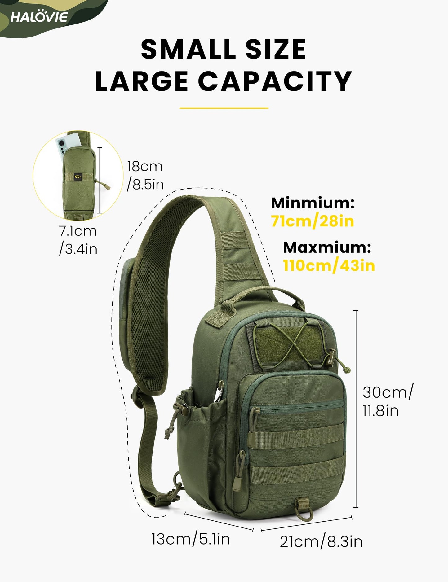 HALOVIE Anti-theft Tactical Sling Bag RFID ArmyGreen Military Shoulder Bag with Phone Pack EDC Molle Crossbody Bag for men