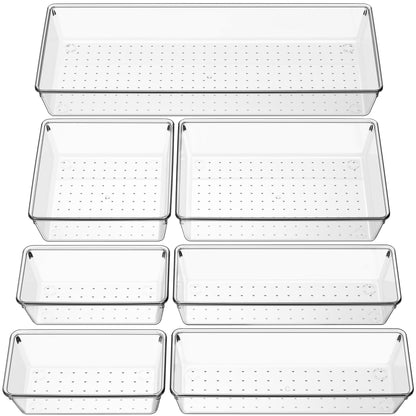 Criusia Drawer Organizer, 10 Pack Large Clear Plast Set, 3 Size Versatile Bathroom and Vanity Organizer Trays, Storage Bins for Makeup, Bedroom, Kitchen Utensils