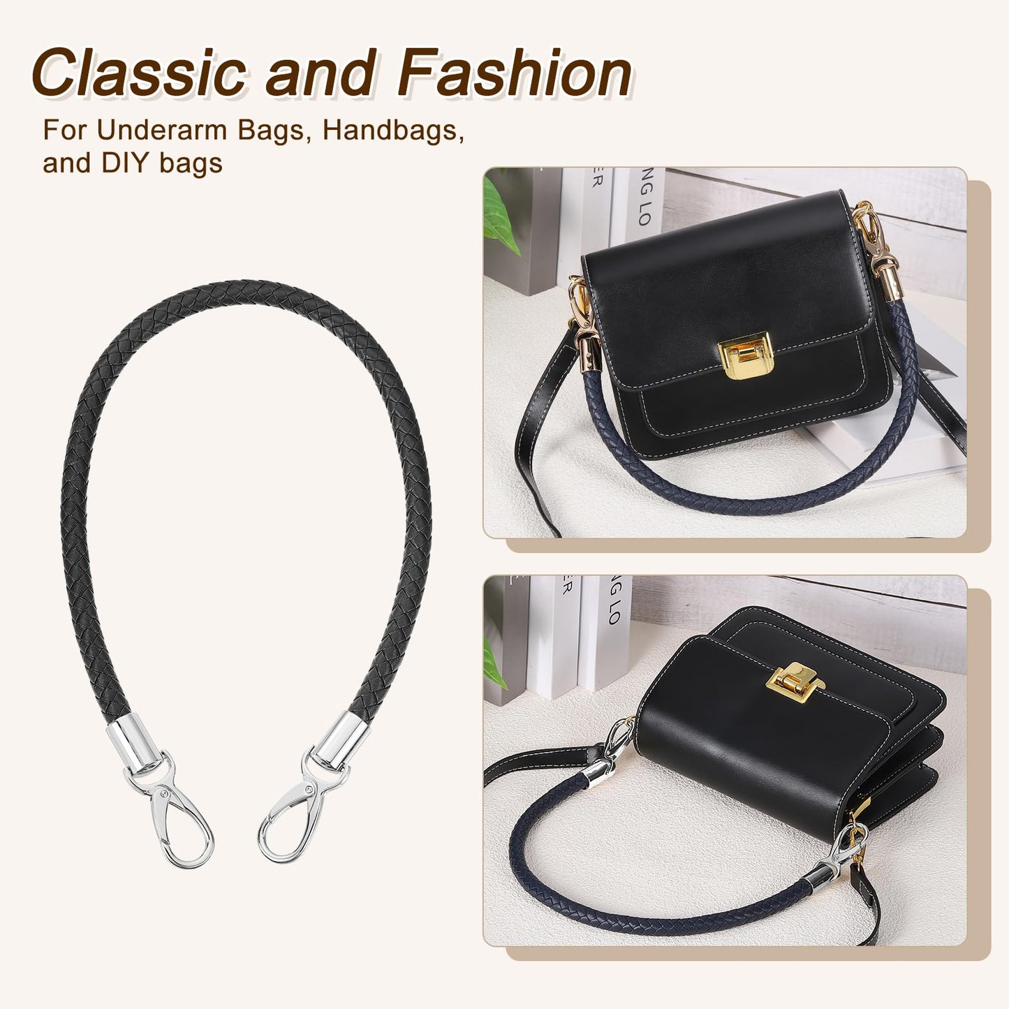 uxcell Leather Purse Strap, 2Pcs 60cm/23.62" Short Leather PU Braided Purse Replacement Handle with Metal Buckles for Underarm Bags, Handbags (Black Strap + Silver Clasp)