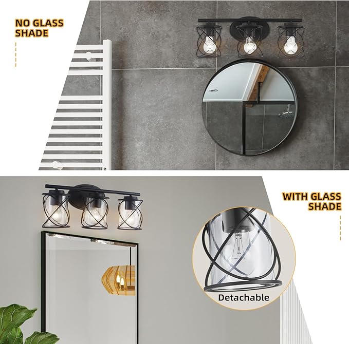 mavcadonf 3-Lights Bathroom Vanity Lights, Bathroom Light Fixtures Over Mirror, Matte Black Vanity Light, Farmhouse Wall Lights with Clear Glass Shade, Bathroom Wall Lamp for Mirror Kitchen Bedroom