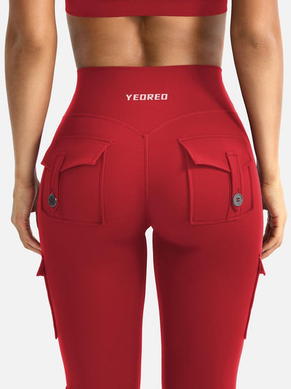 YEOREO CoreFlex Women Workout Flare Leggings with Pockets Hidden Scrunch Cargo Gym Yoga No Front Seam Leggings Red XS