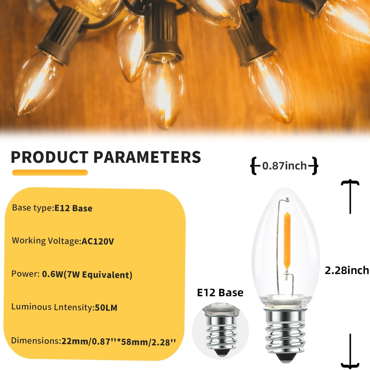 SOTOPOO 25 Pack LED C7 Light Bulbs - Clear Glass LED E12 Nightlight Bulbs, 0.6W Equivalent to 7W, for Candles Chandeliers Replacement Bulbs & Christmas Tree Light Bulbs, E12 Base, Warm White