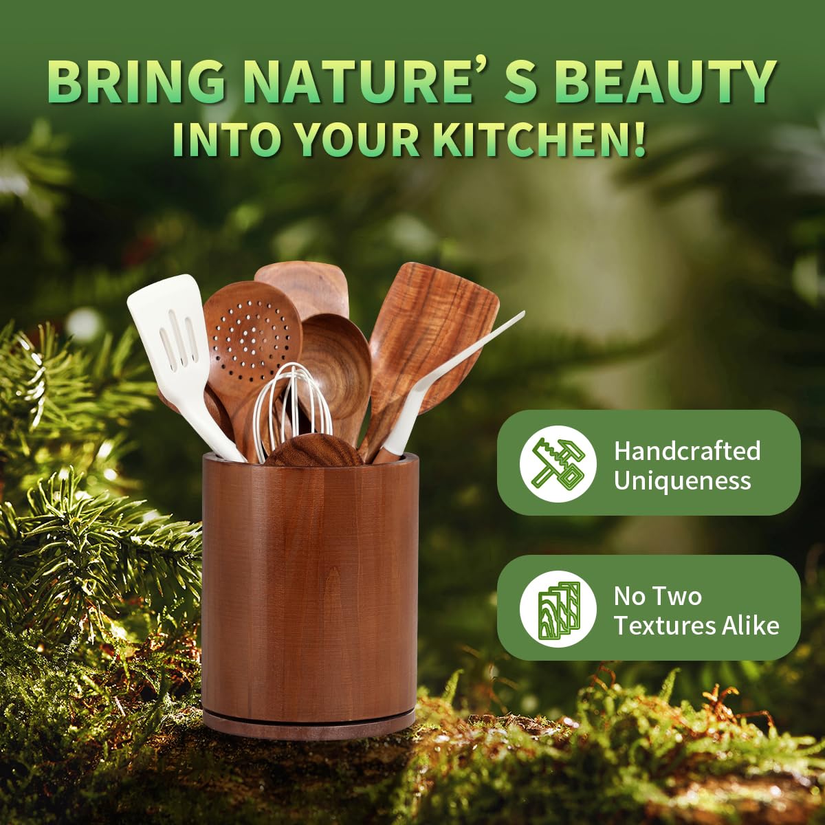 gorsent Wooden Utensil Holder, 360°Rotating 7.3'' Large Utensil Holder for Kitchen Counter, Kitchen Utensil Organizer, Utensil Crock, Farmhouse Kitchens Countertop Decor, Walnut-finish