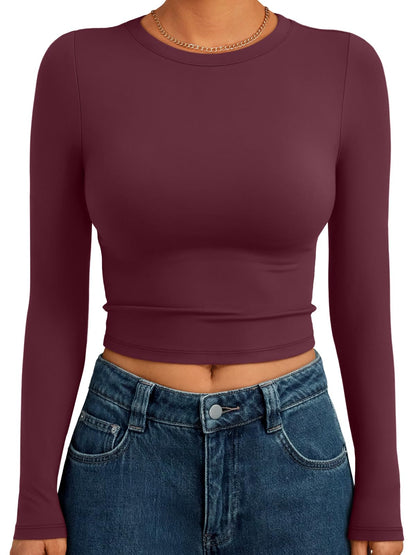 Trendy Queen Womens Long Sleeve Crop Tops Basic Slim Fitted Shirts Fashion 2025 Going Out Y2k Tops Teen Girl Clothes
