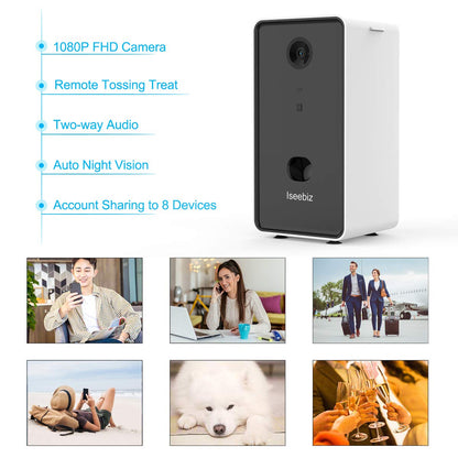 Iseebiz Pet Camera Treat Dispenser, 2 Way Audio Talk Listen, 5G WiFi, 1080P Night Vision Cat Dog Cam, App Control Tossing, Multi Devices Login, Compatible with Alexa, Play with Your Dogs and Cats