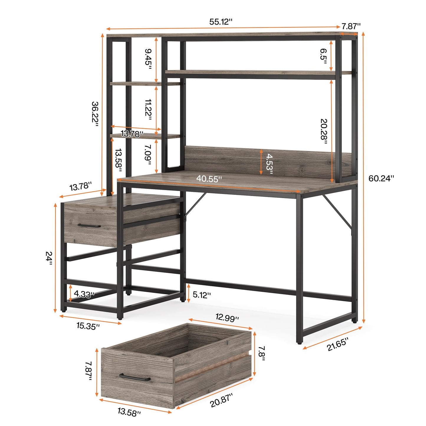 Tribesigns 55 Inch Computer Desk with 2 Drawers and Storage Shelves, Rustic Office Desk with Hutch, Study Writing Gaming Table Laptop Workstation for Home Office (Grey)