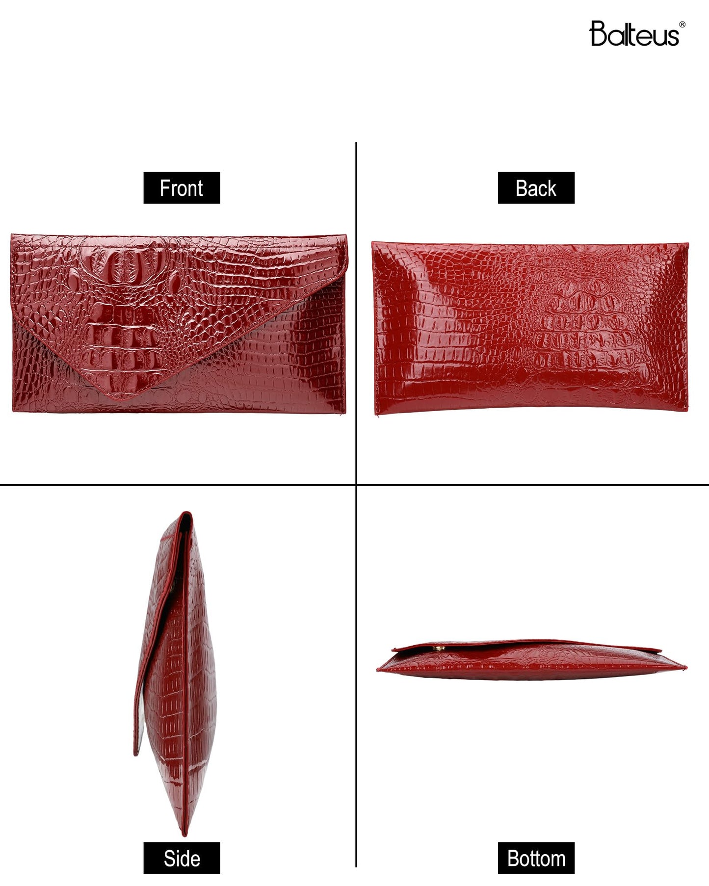 Balteus Burgundy Clutch Evening Bags for Women, Croc-Embossed Metallic Handbags, Trendy Envelope Purse for Prom, Formal Party & Wedding Guest