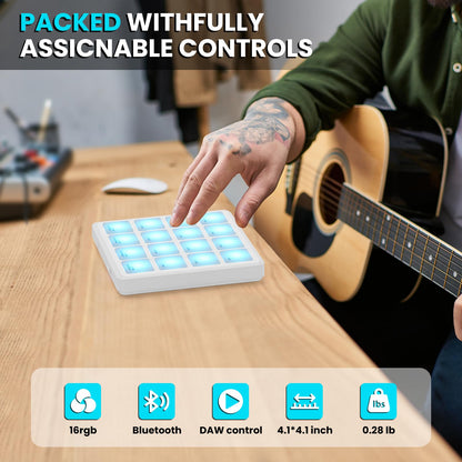 M-VAVE Wireless MIDI Controller Pads, 4.1 * 4.1 Inch, 0.28 LBS, Bluetooth Portable USB with 16 Drum, Note Repeat, Full Level Buttons, Rechargeable battery (White Pocket)
