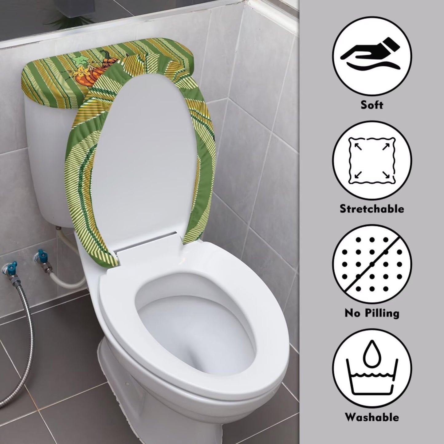 GLENLCWE Thanksgiving Pumpkin Toilet Seat Covers Set Red, 2 Pcs Green Dust-Proof Round Oval Toilet Lid and Tank Lid Covers for Bathroom Set