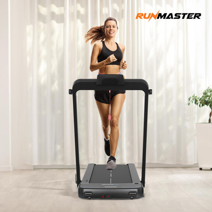 RunMaster 2 in 1 Folding Treadmill - Portable, Space-Saving, 2.5HP Under Desk Electric Treadmill with Foldable Handle, Bluetooth, Large Belt for Walking and Jogging, 12 Exercise Programs - Black